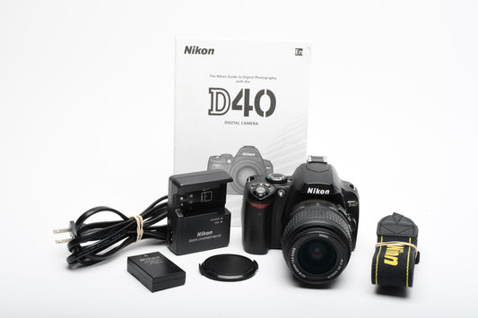 Nikon D40 DSLR body w/Nikkor 18-55mm f3.5-5.6G ED II, Batt+Charger, 12K Acts