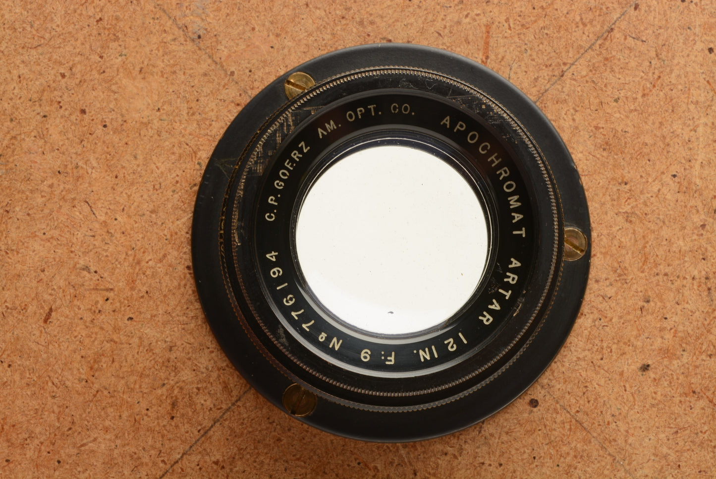 C. P. Goerz AM Optical Co Apochromat Artar 12" f9 brass large format lens on lens board and caps