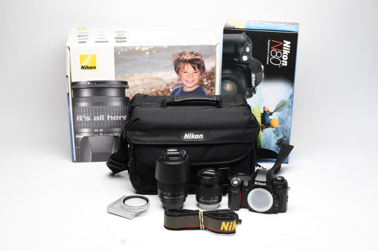 Nikon N80 35mm SLR 2-Lens Complete Outfit - Mint, w/Shoulder bag, Boxed
