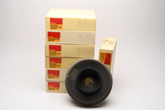7X Kodak Carousel 140 slide trays, boxed, w/lids, clean