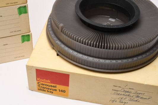 7X Kodak Carousel 140 slide trays, boxed, w/lids, clean