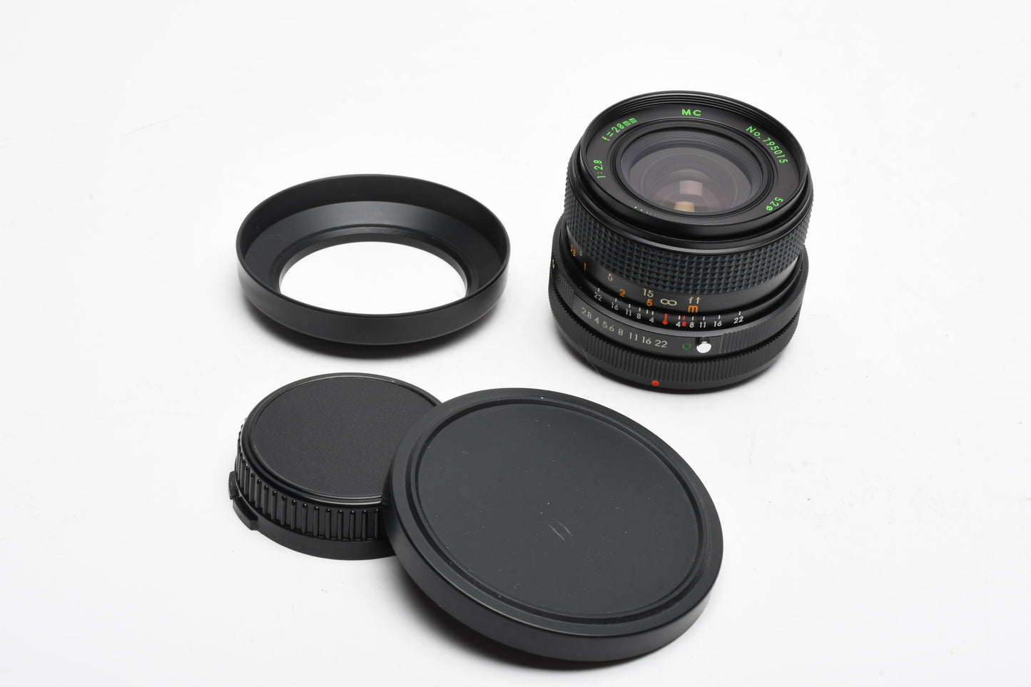 Quantaray 28mm F2.8 Canon FD Mount Lens, caps, hood, clean, great!