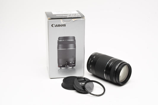 Canon EF 75-300mm f4-5.6 III Telephoto zoom lens, caps, UV, tested, Boxed