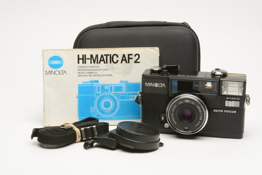 Minolta Hi-Matic AF2 Auto Focus rangefinder camera, case+strap+manual, tested, nice!