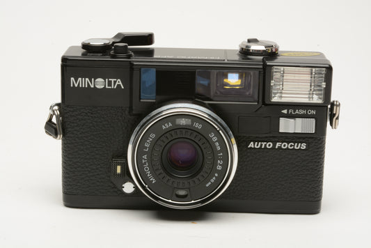 Minolta Hi-Matic AF2 Auto Focus rangefinder camera, case+strap+manual, tested, nice!