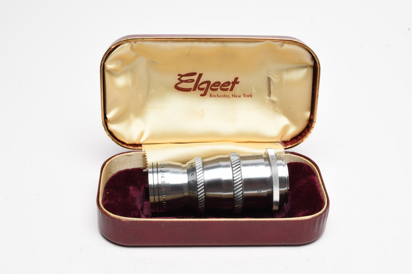 Elgeet 4" f4.5 Min-Tel D Mount lens in case