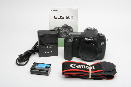 Canon EOS 60D DSLR Body w/battery, charger, strap, 6111K acts, tested, *Read