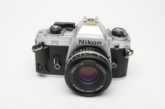 Nikon FG 35mm SLR w/Nikon E 50mm f1.8 lens, grip, New seals, Nice!!