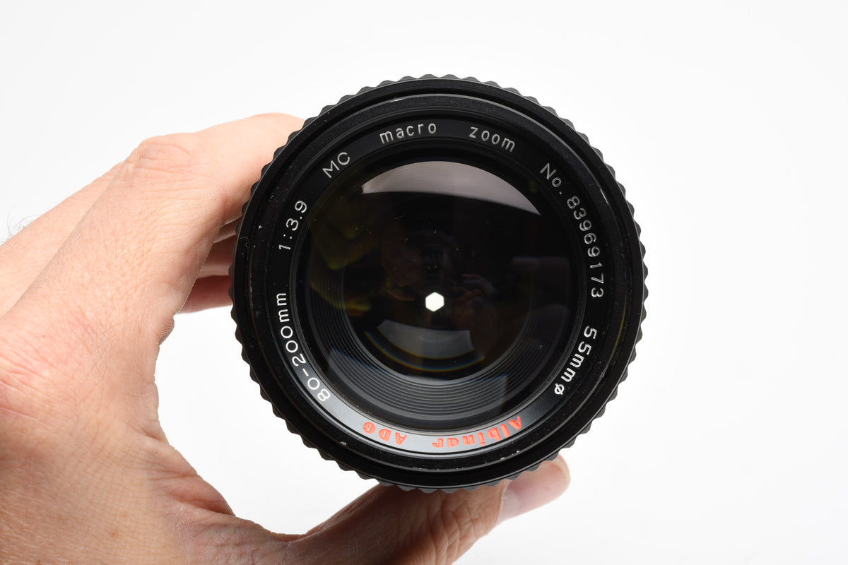 Albinar ADG 80-200mm f3.9 Tele zoom lens for Minolta MD Mount, Caps, Good