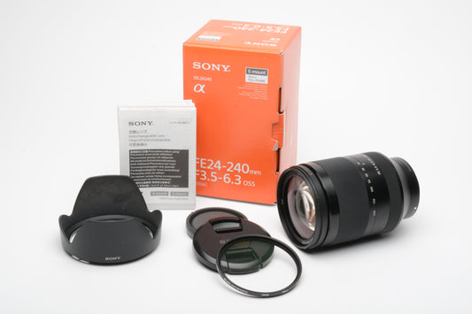 Sony FE 24-240mm OSS f3.5-6.3 zoom SEL24240, hood, UV, boxed, Mint