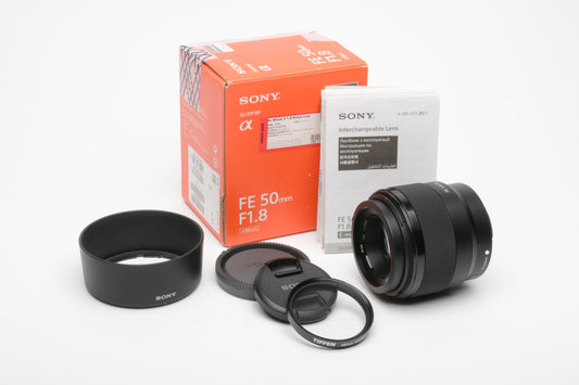 Sony 50mm f1.8 FE SEL50f18F Prime lens, caps+hood+UV, Boxed, Mint