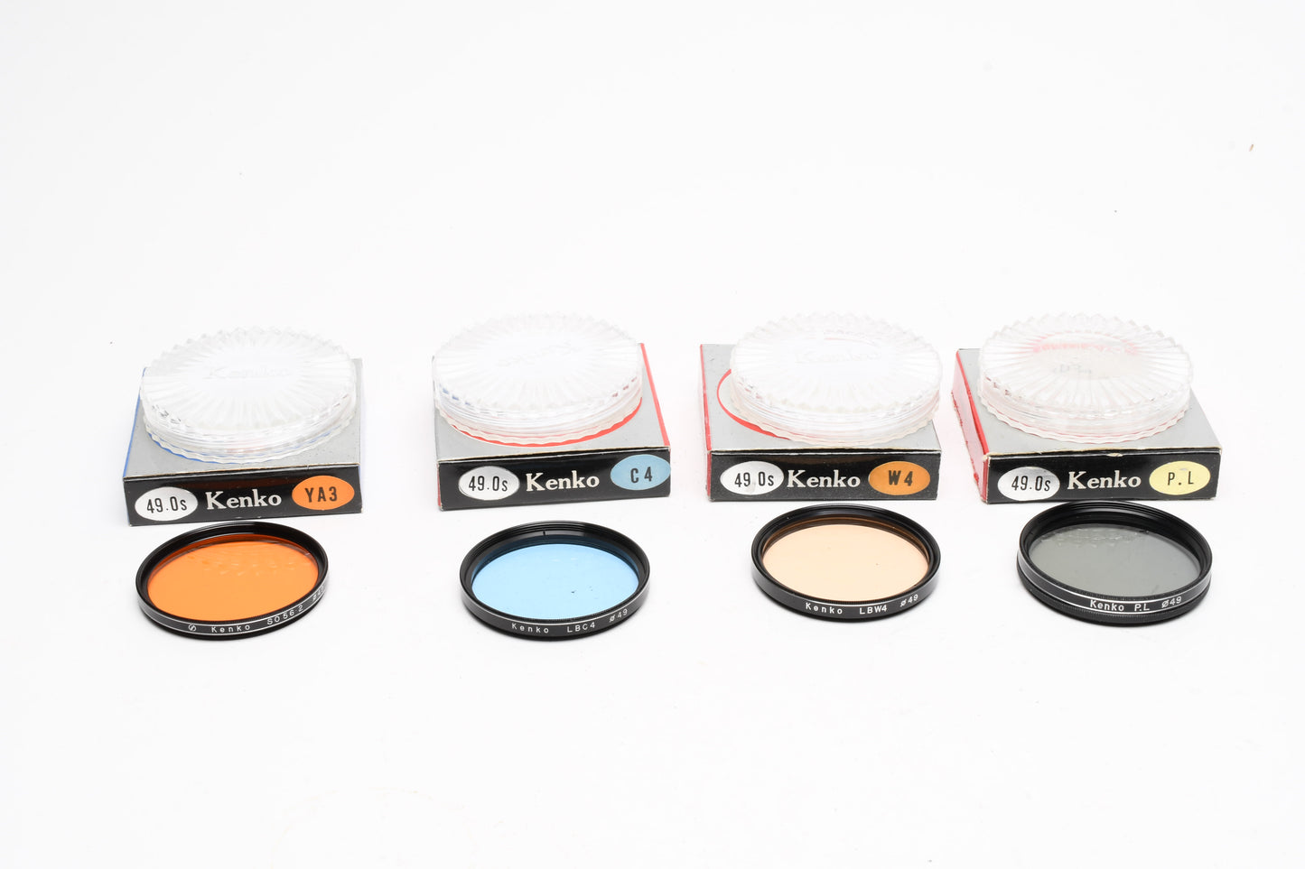 4X Kenko 49mm filters, Mint, Boxed, PL, C4 Blue, W4 warm and YA3 orange