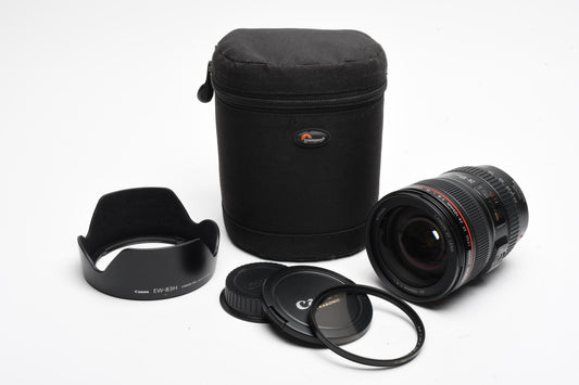Canon EF 24-105mm f4L IS USM zoom lens, B+W UV, Hood, case, caps