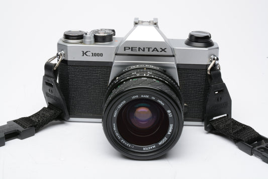 Pentax K1000 35mm SLR w/Sigma 35-70mm f3.5-4.5 MC, clean, New seals + case