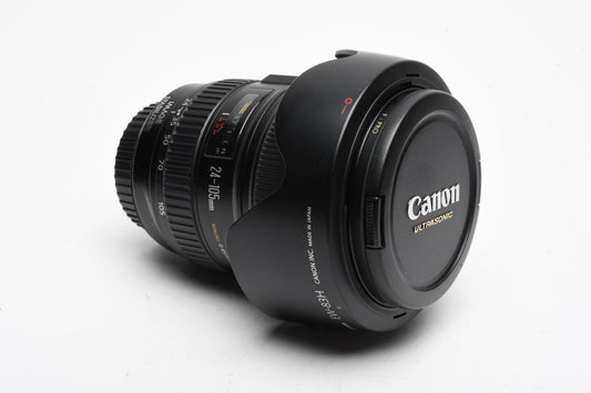 Canon EF 24-105mm f4L IS USM zoom lens, B+W UV, Hood, case, caps