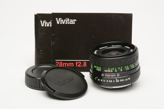 Vivitar 28mm f2.8 MC wide angle PK mount, very clean, caps + instructions