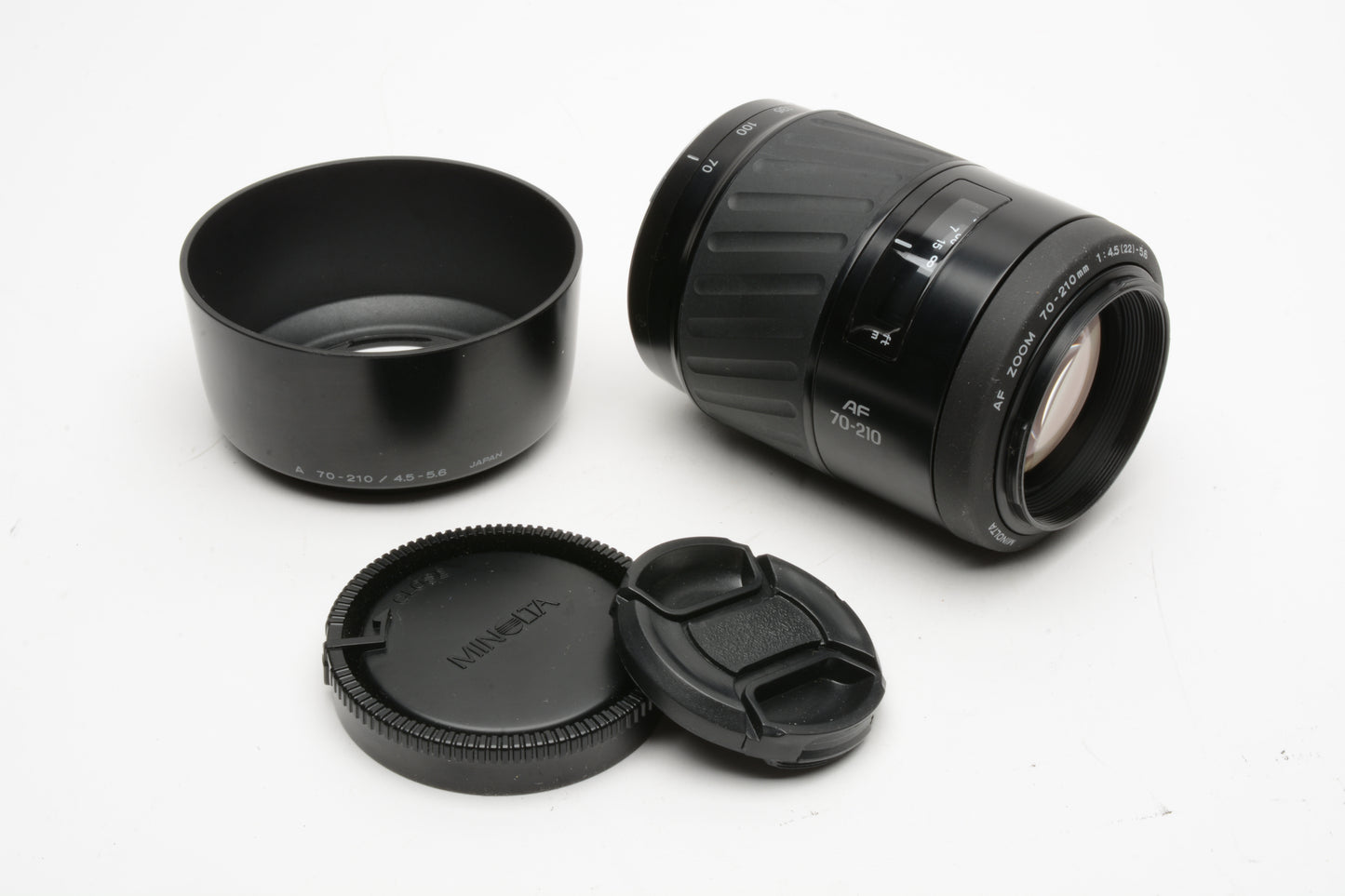 Minolta Maxxum AF Zoom 70-210mm f4.5-5.6 lens, caps, hood, nice & clean