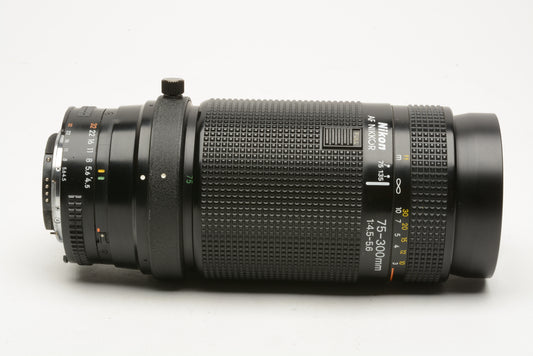 Nikon AF 75-300mm f4.5-5.6 Macro zoom lens, caps, tripod collar, very clean