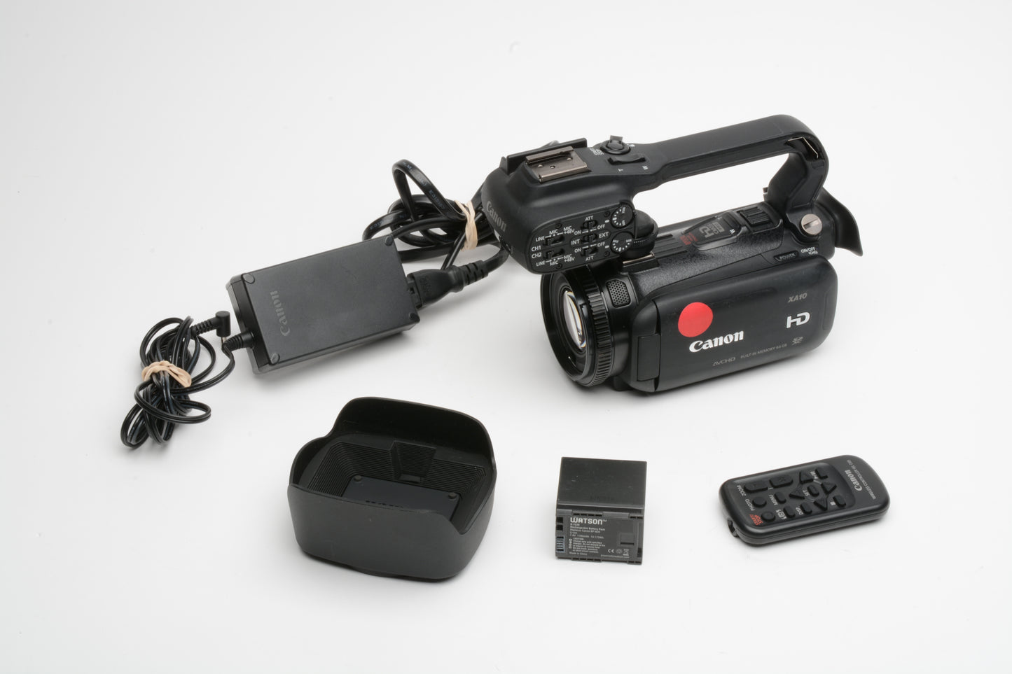 Canon XA10 Digital video camcorder w/batt, remote, handle, hood, *Read