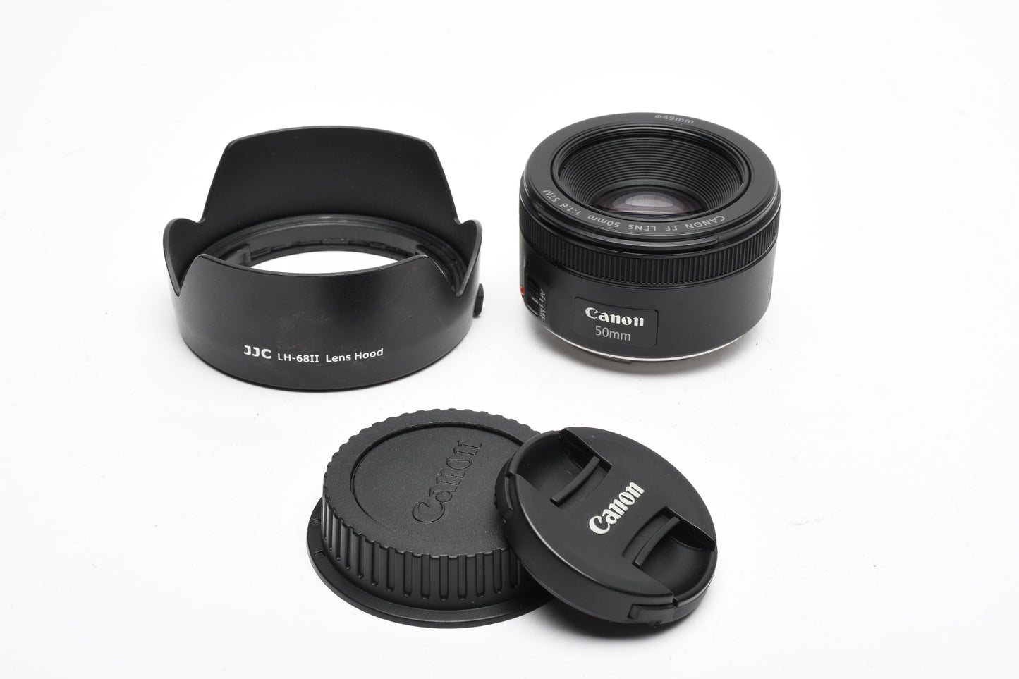 Canon EF 50mm f1.8 STM prime lens, caps, Hood, Great