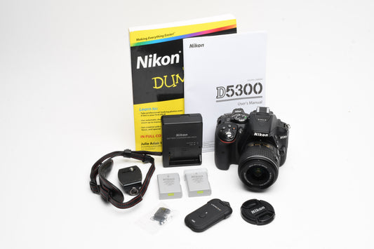 Nikon D5300 DSLR w/18-55mm zoom, 2X batts+charger+wrist strap+book Only 7259 Acts