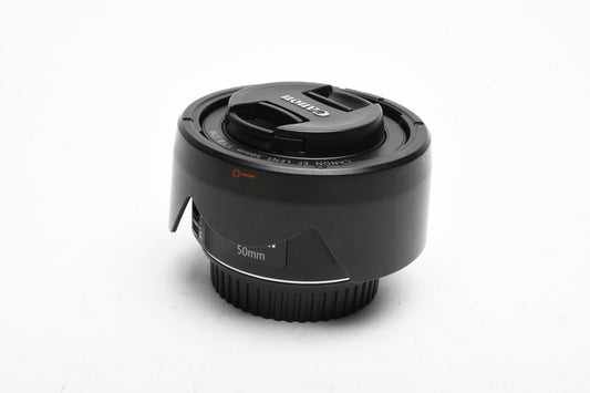Canon EF 50mm f1.8 STM prime lens, caps, Hood, Great