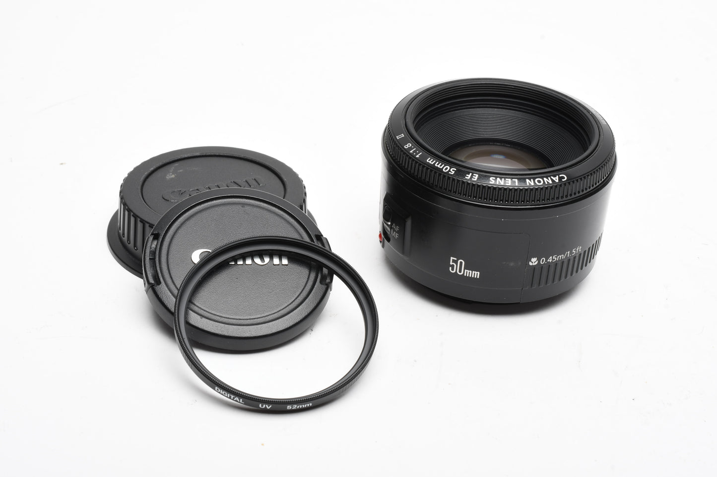 Canon EF 50mm f1.8 II prime lens, caps, Clean, + UV filter