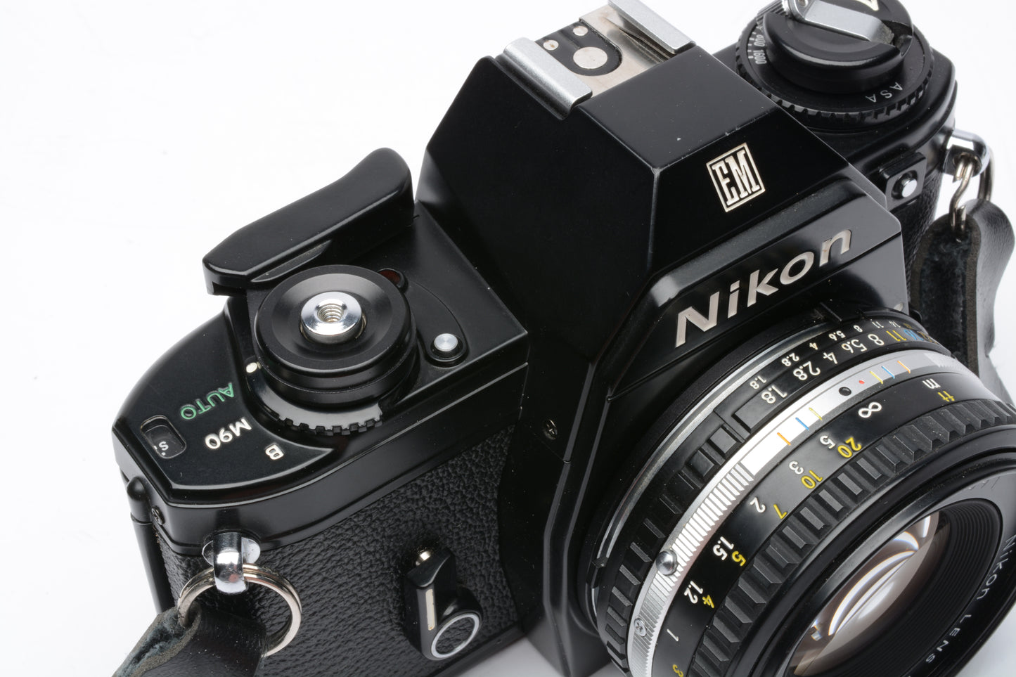 Nikon EM 35mm SLR w/Nikon 50mm f1.8 Series E lens, SB-E flash, case, cap, new seals++