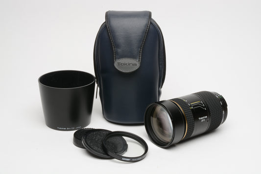 Tokina AT-X AF 80-400mm f4.5-5.6 tele zoom lens, caps, hood, case, UV, clean, Nikon AI-S
