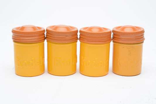 4X Kodak Vintage 35mm metal film canisters embossed yellow and brown