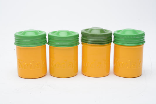 4X Kodak Vintage 35mm metal film canisters embossed yellow and green