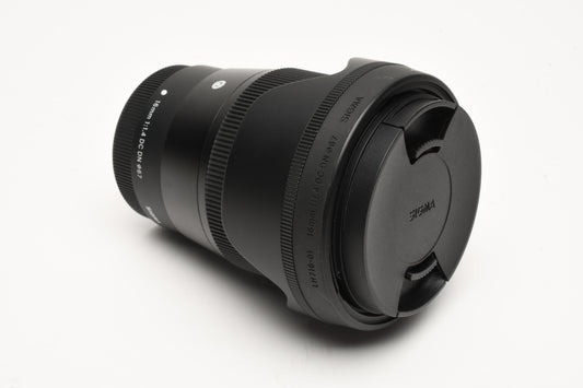 Sigma 16mm 1.4 DC Canon EF-M lens, very clean, w/hood+caps
