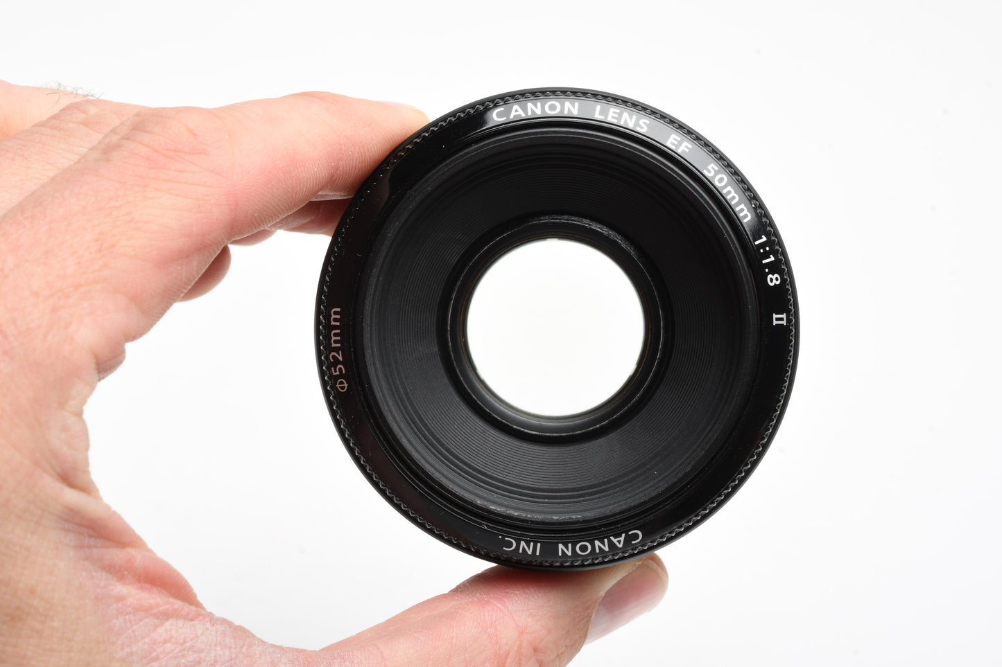 Canon EF 50mm f1.8 II prime lens, caps, hood, UV filter, Great