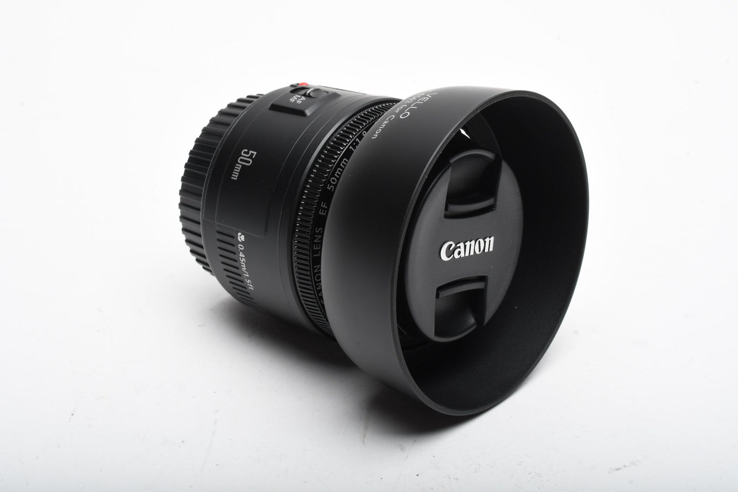 Canon EF 50mm f1.8 II prime lens, caps, hood, UV filter, Great