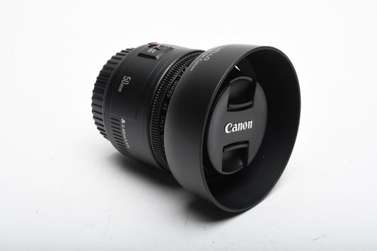 Canon EF 50mm f1.8 II prime lens, caps, hood, UV filter, Great
