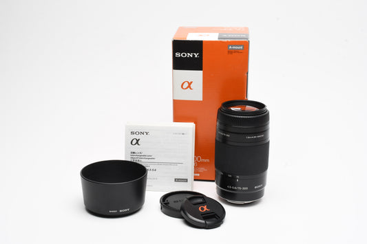 Sony AF 75-300mm f4.5-5.6 lens (A-Mount) caps, hood, Boxed, Mint-