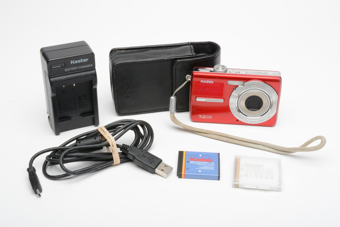 Kodak M763 7.2MP digital point&shoot (Red), 2batts, charger, case, tested, nice