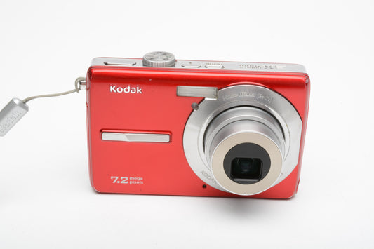 Kodak M763 7.2MP digital point&shoot (Red), 2batts, charger, case, tested, nice