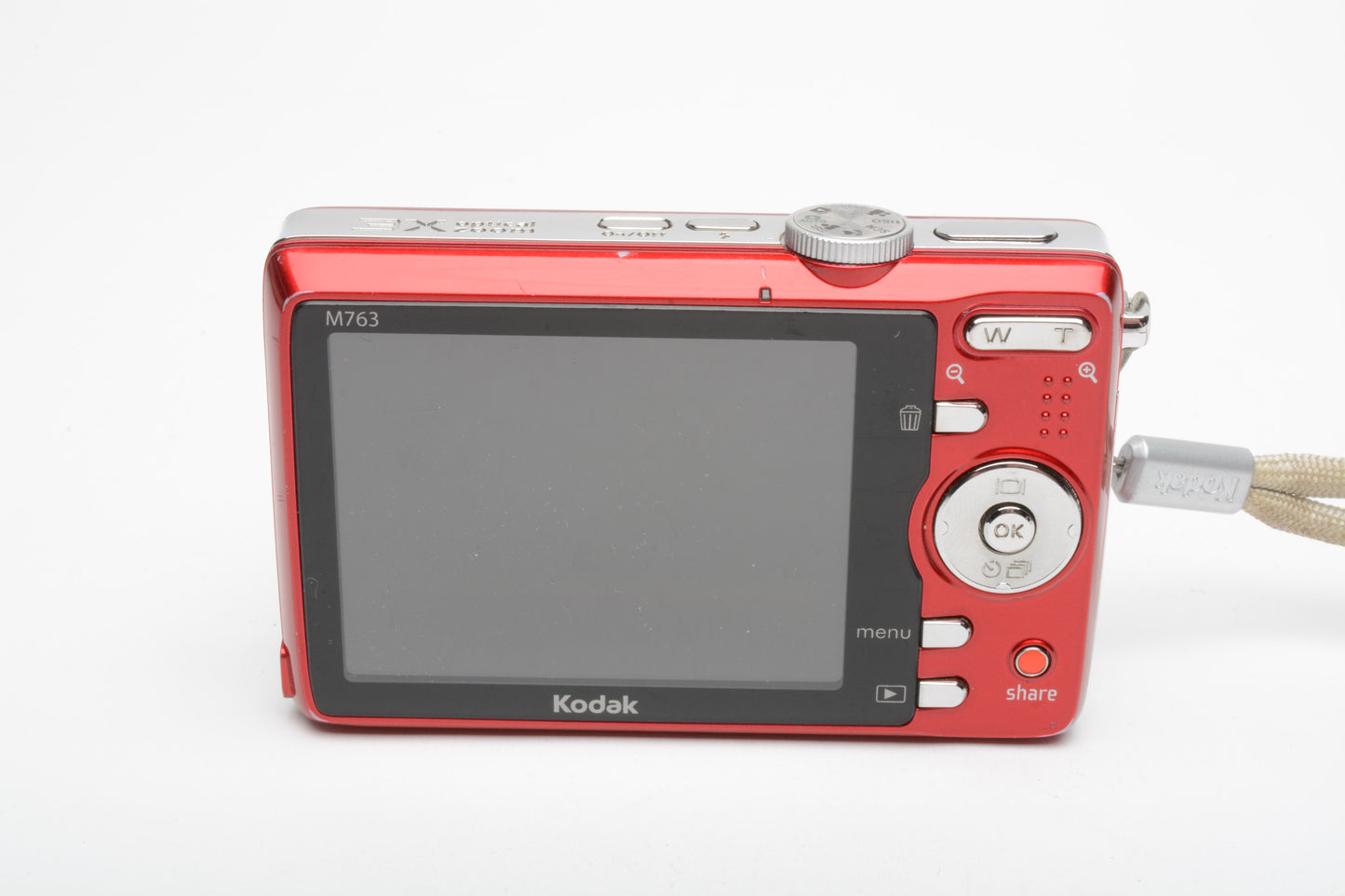 Kodak M763 7.2MP digital point&shoot (Red), 2batts, charger, case, tested, nice