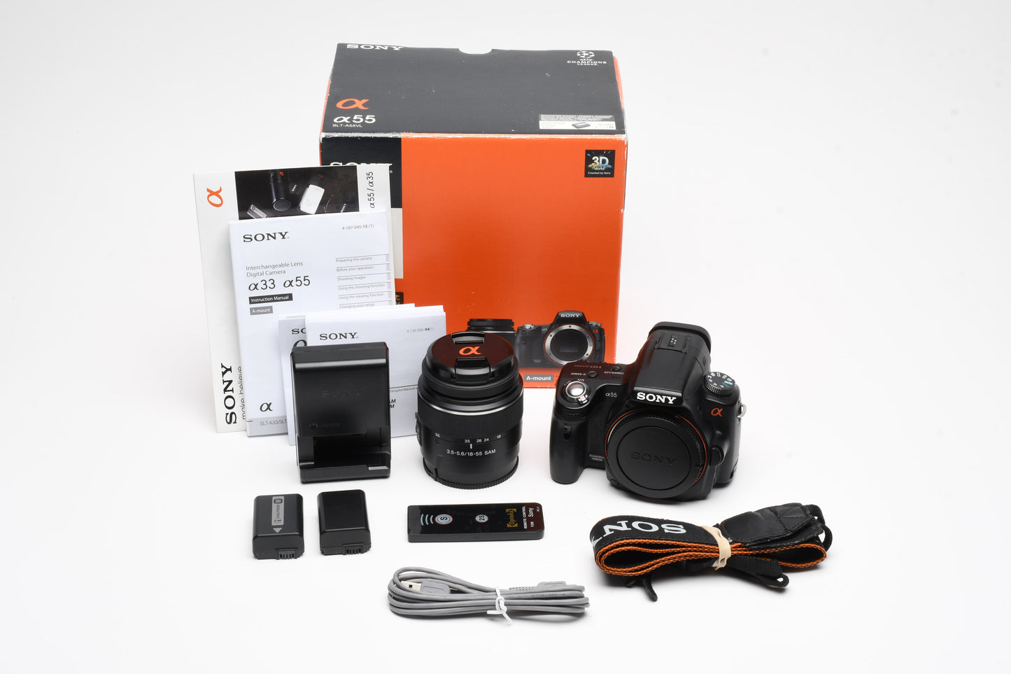Sony A55 DSLR w/18-55mm f3.5-5.6, 2X batts+charger+remote, Box, 21K Acts