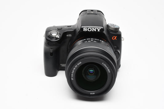 Sony A55 DSLR w/18-55mm f3.5-5.6, 2X batts+charger+remote, Box, 21K Acts