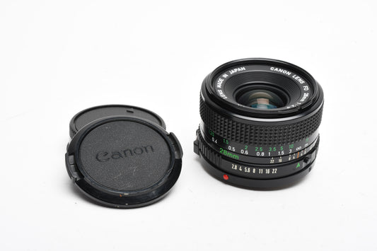 Canon FD 28mm f2.8 wide angle lens, caps, Nice and clean wide angle lens
