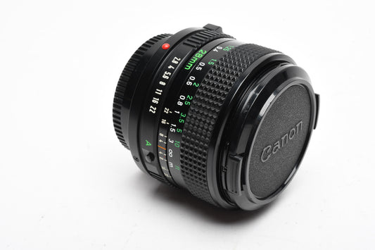 Canon FD 28mm f2.8 wide angle lens, caps, Nice and clean wide angle lens