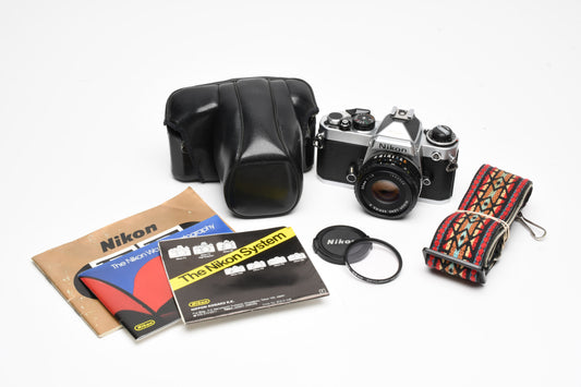 Nikon FE 35mm SLR w/50mm f1.8 E , Strap, New Seals, Case, Great!!