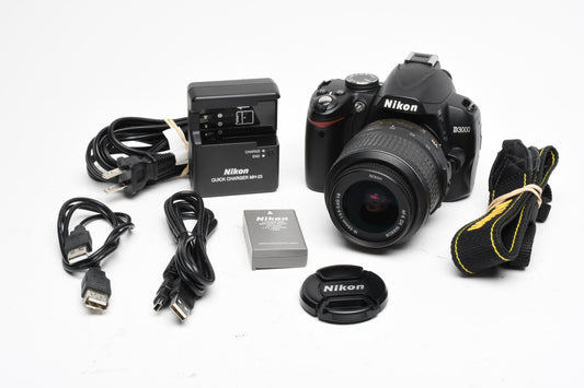 Nikon D3000 DSLR w/Nikkor AFS 18-55mm f3.5-5.6G Lens, Batt, Charger, 1113 Acts!!