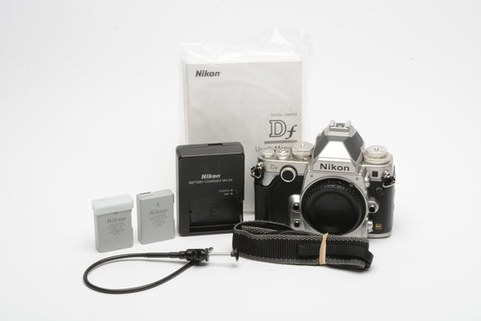 Nikon Df DSLR Body (Silver) w/batt+charger+strap, very nice & clean, 90K Acts, USA