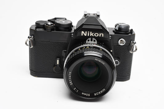 Nikon FM Black Body 35mm SLR w/50mm f2 lens, new seals, CR, accurate, tested