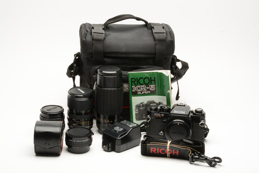 Ricoh KR-5 Super 35mm SLR w/3X Lenses Bundle, Flash, Teleconverter, Strap, Case