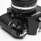 Nikon EM 35mm SLR w/Nikon Nikkor 50mm f1.8 lens, strap, cap, UV, CR, new seals