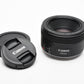 Canon EF 50mm f1.8 STM prime lens, caps, Mint-
